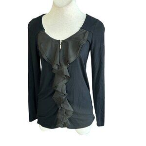 Green Dragon Black Jersey Knit Ruffle Front Full Zip Blouse Size Medium
